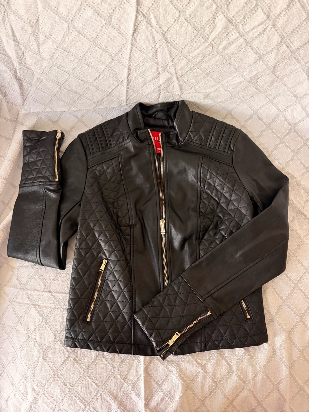 Guess Black Quilted Leather Jacket with Gold Zippers